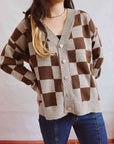 Gray Checkered Open Front Button Up Cardigan