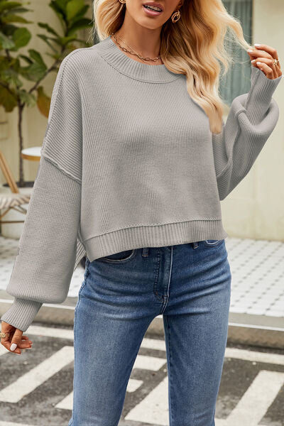 Light Slate Gray Round Neck Dropped Shoulder Sweater Sentient Beauty Fashions Apparel &amp; Accessories