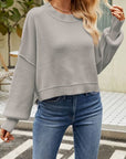 Light Slate Gray Round Neck Dropped Shoulder Sweater Sentient Beauty Fashions Apparel & Accessories