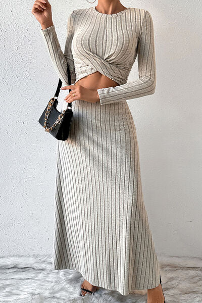 Light Gray Ribbed Round Neck Top and Skirt Set Sentient Beauty Fashions Apparel & Accessories