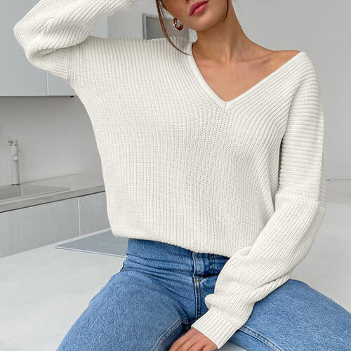 Light Gray V-Neck Dropped Shoulder Long Sleeve Sweater Sentient Beauty Fashions Apparel & Accessories