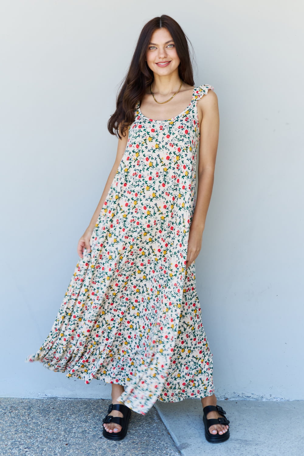 Light Gray Doublju In The Garden Ruffle Floral Maxi Dress in Natural Rose Sentient Beauty Fashions Apparel & Accessories