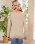 Tan Buttoned Round Neck Puff Sleeve T-Shirt Sentient Beauty Fashions Apparel & Accessories