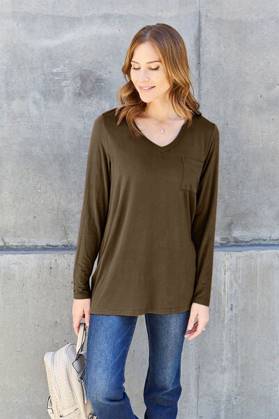 Gray Basic Bae Full Size V-Neck Long Sleeve Top Sentient Beauty Fashions Apparel &amp; Accessories