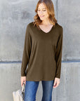 Gray Basic Bae Full Size V-Neck Long Sleeve Top Sentient Beauty Fashions Apparel & Accessories