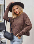 Gray Cable-Knit Round Neck Dropped Shoulder Sweater