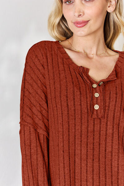 Saddle Brown Basic Bae Full Size Ribbed Half Button Long Sleeve T-Shirt Sentient Beauty Fashions Apparel &amp; Accessories