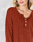 Saddle Brown Basic Bae Full Size Ribbed Half Button Long Sleeve T-Shirt Sentient Beauty Fashions Apparel & Accessories