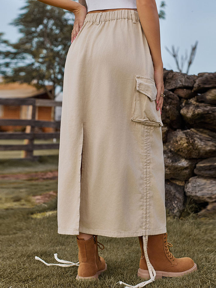 Dim Gray Drawstring Denim Skirt with Pockets Sentient Beauty Fashions Apparel & Accessories