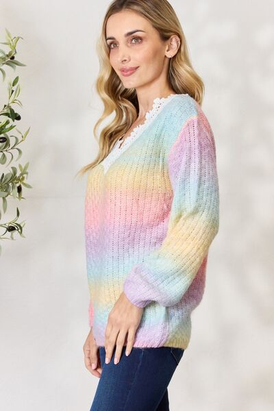 Light Gray BiBi Rainbow Gradient Crochet Deetail Sweater Sentient Beauty Fashions Apparel &amp; Accessories
