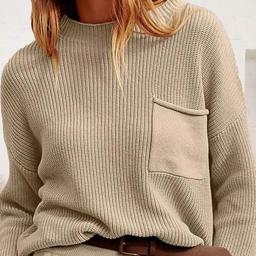Rosy Brown Ribbed Dropped Shoulder Sweater with Pocket Sentient Beauty Fashions Tops