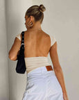 Gray Backless Short Sleeve Cropped Blouse Sentient Beauty Fashions Apparel & Accessories