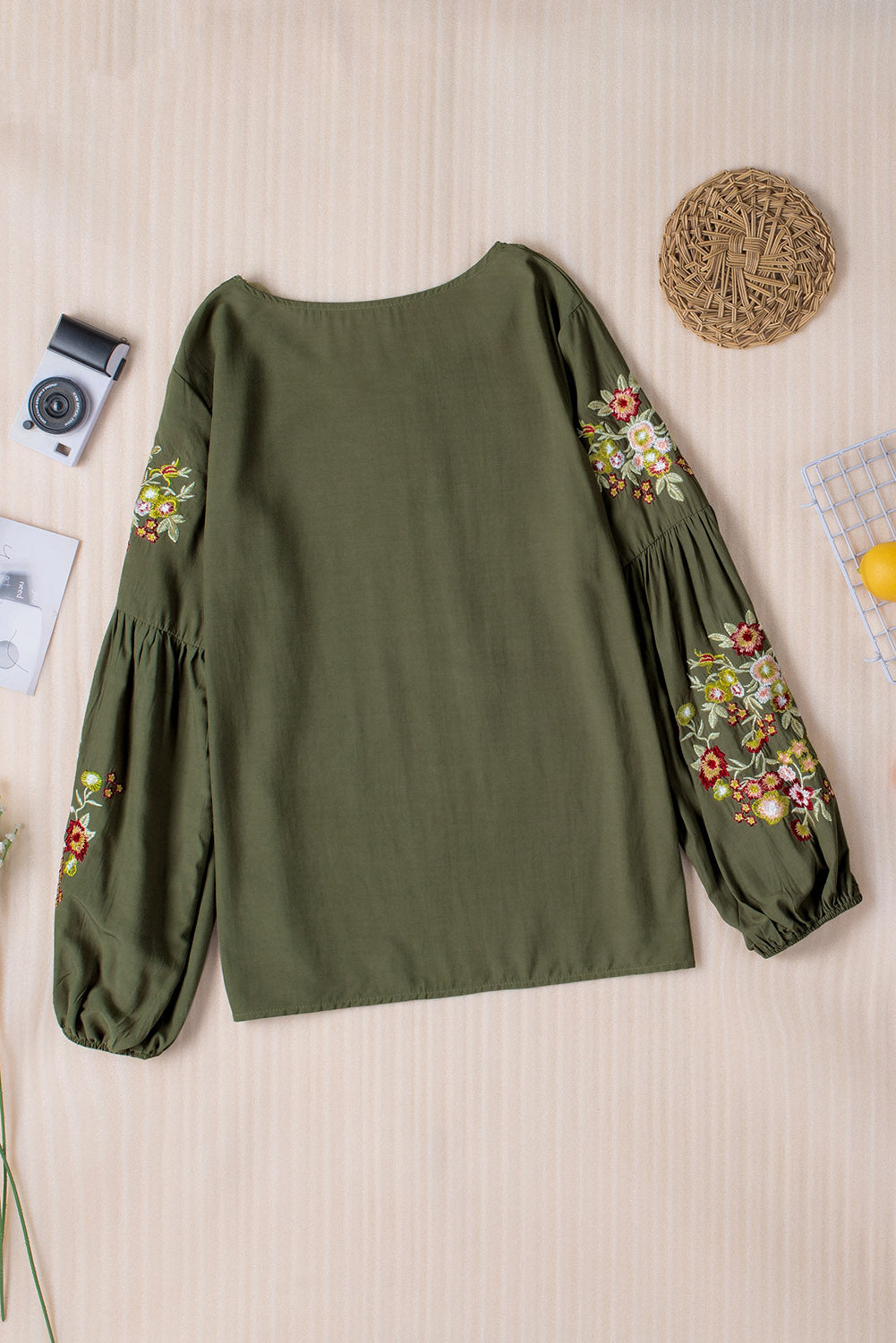 Embroidered Round Neck Balloon Sleeve T-Shirt