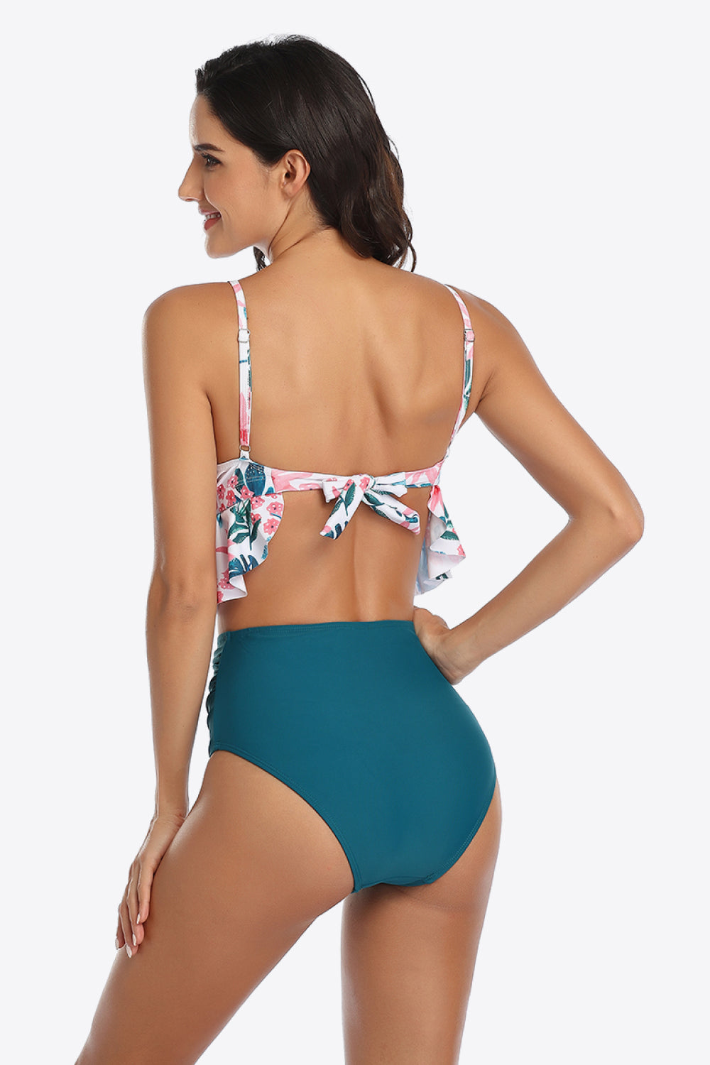White Smoke Tropical Print Ruffled Two-Piece Swimsuit Sentient Beauty Fashions Swimwear
