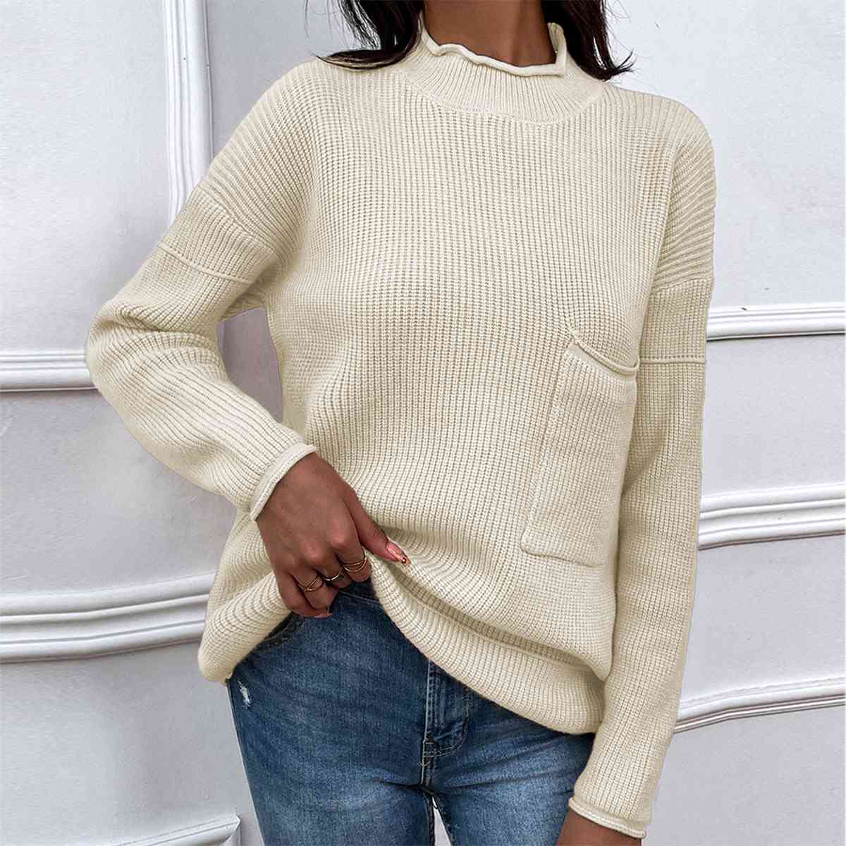 Light Gray Dropped Shoulder Sweater with Pocket