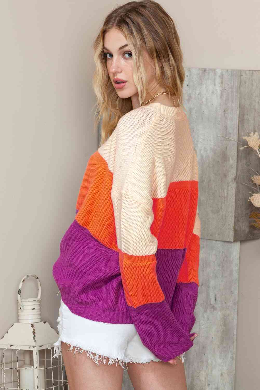 Gray Round Neck Color Block Sweater