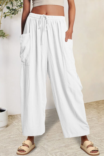 Light Gray Full Size Pocketed Drawstring Wide Leg Pants Sentient Beauty Fashions Apparel &amp; Accessories