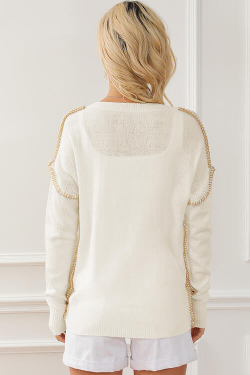 Light Gray Exposed Seam Round Neck Long Sleeve Sweater Sentient Beauty Fashions Apparel &amp; Accessories