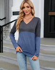 Light Slate Gray V-Neck Long Sleeve Two-Tone T-Shirt