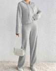 Light Gray Drawstring Ribbed Hoodie and Straight Leg Pants Set Sentient Beauty Fashions Apparel & Accessories