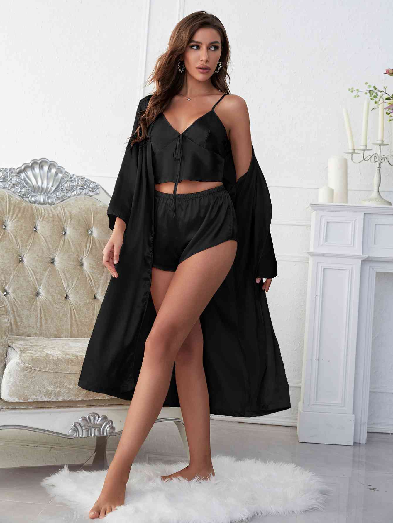 Light Gray Satin V-Neck Cami, Shorts, and Belted Robe Pajama Set Sentient Beauty Fashions Apparel &amp; Accessories