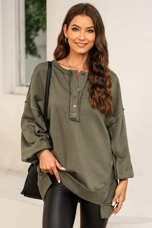 Light Gray Buttoned Dropped Shoulder Sweatshirt Sentient Beauty Fashions Apparel & Accessories