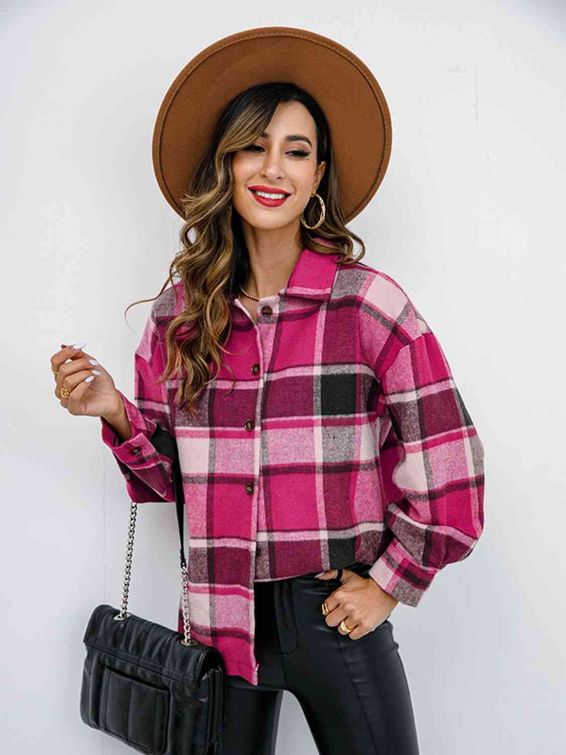 Light Gray Plaid Button Up Collared Neck Jacket Sentient Beauty Fashions Apparel &amp; Accessories