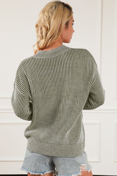 Light Gray Striped Mock Neck Dropped Shoulder Sweater Sentient Beauty Fashions Apparel & Accessories