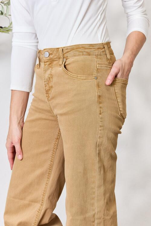 Tan RISEN Full Size Fringe Hem Wide Leg Jeans Sentient Beauty Fashions Apparel &amp; Accessories