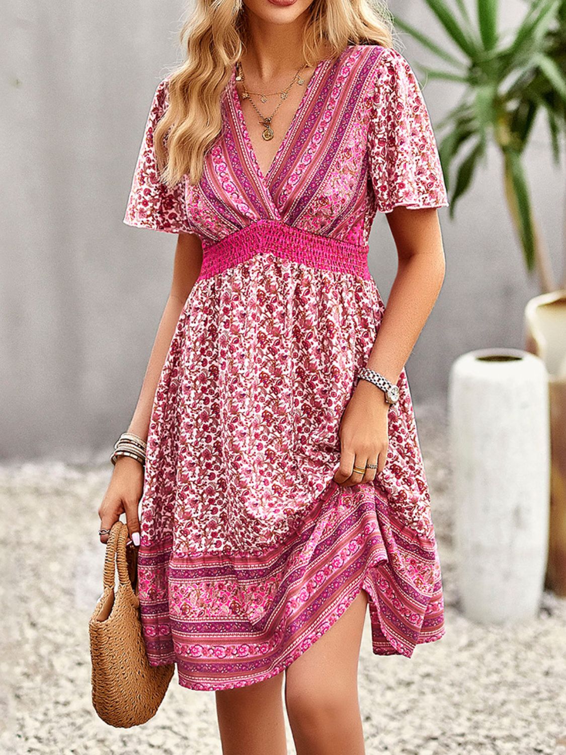 Gray Floral Print Bohemian Style V-Neck Flutter Sleeve Dress Sentient Beauty Fashions Apparel &amp; Accessories