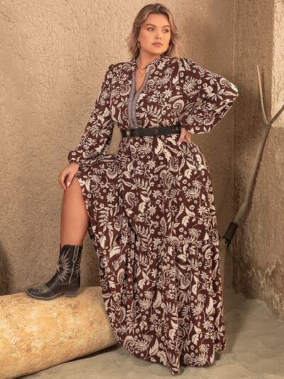Rosy Brown Plus Size Notched Balloon Sleeve Printed Maxi Dress Sentient Beauty Fashions Apparel & Accessories