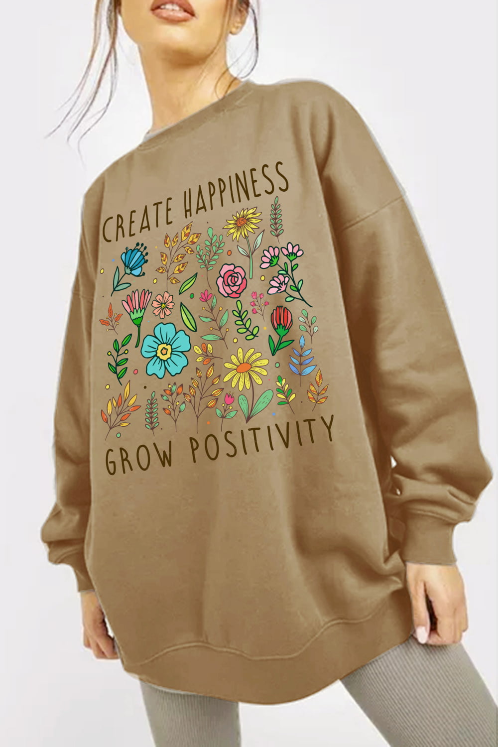 Rosy Brown Simply Love Full Size CREATE HAPPINESS  GROW POSITIVITY Graphic Sweatshirt Sentient Beauty Fashions Apparel & Accessories