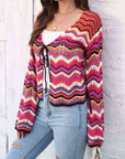 Light Gray Striped Openwork Tied Cardigan Sentient Beauty Fashions Apparel & Accessories