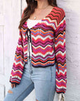 Light Gray Striped Openwork Tied Cardigan