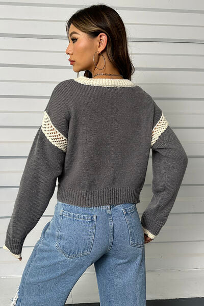 Gray Contrast Openwork Long Sleeve V-Neck Sweater Sentient Beauty Fashions Apparel &amp; Accessories