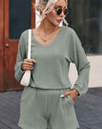 Dim Gray V-Neck Dropped Shoulder Top and Shorts Set Sentient Beauty Fashions Apparel & Accessories