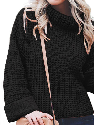Black Waffle-Knit Turtleneck Round Neck Sweater Sentient Beauty Fashions Apparel & Accessories