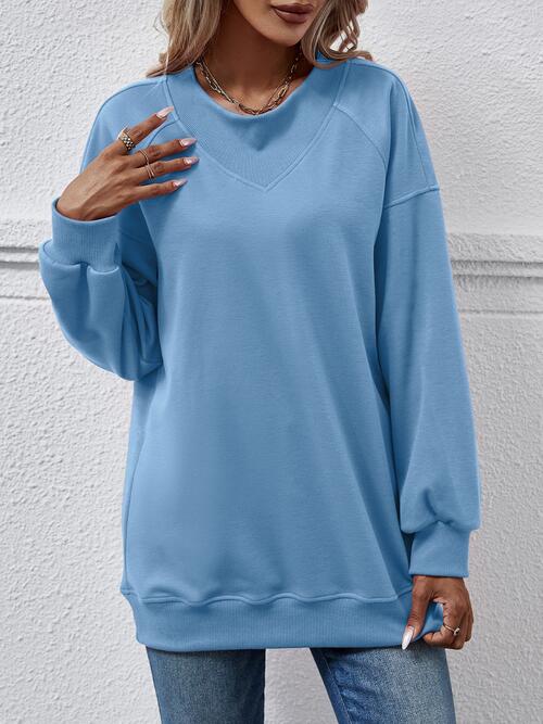 Light Slate Gray Round Neck Drop Shoulder Long Sleeve Sweatshirt Sentient Beauty Fashions Apparel & Accessories