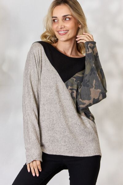 Gray BiBi Brushed Hacci Color Block Long Sleeve Top Sentient Beauty Fashions Apparel &amp; Accessories