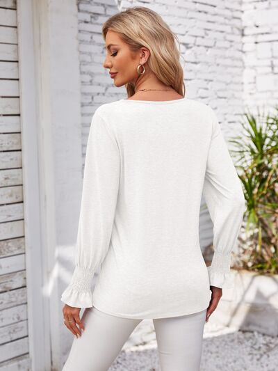 Light Gray V-Neck Smocked Ruffled Long Sleeve Top Sentient Beauty Fashions Apparel &amp; Accessories