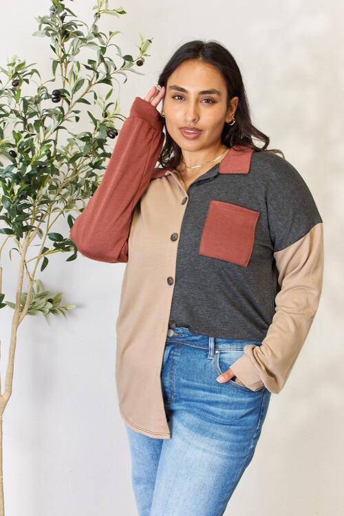Light Gray Heimish Full Size Color Block Button Down Shacket Sentient Beauty Fashions Apparel &amp; Accessories