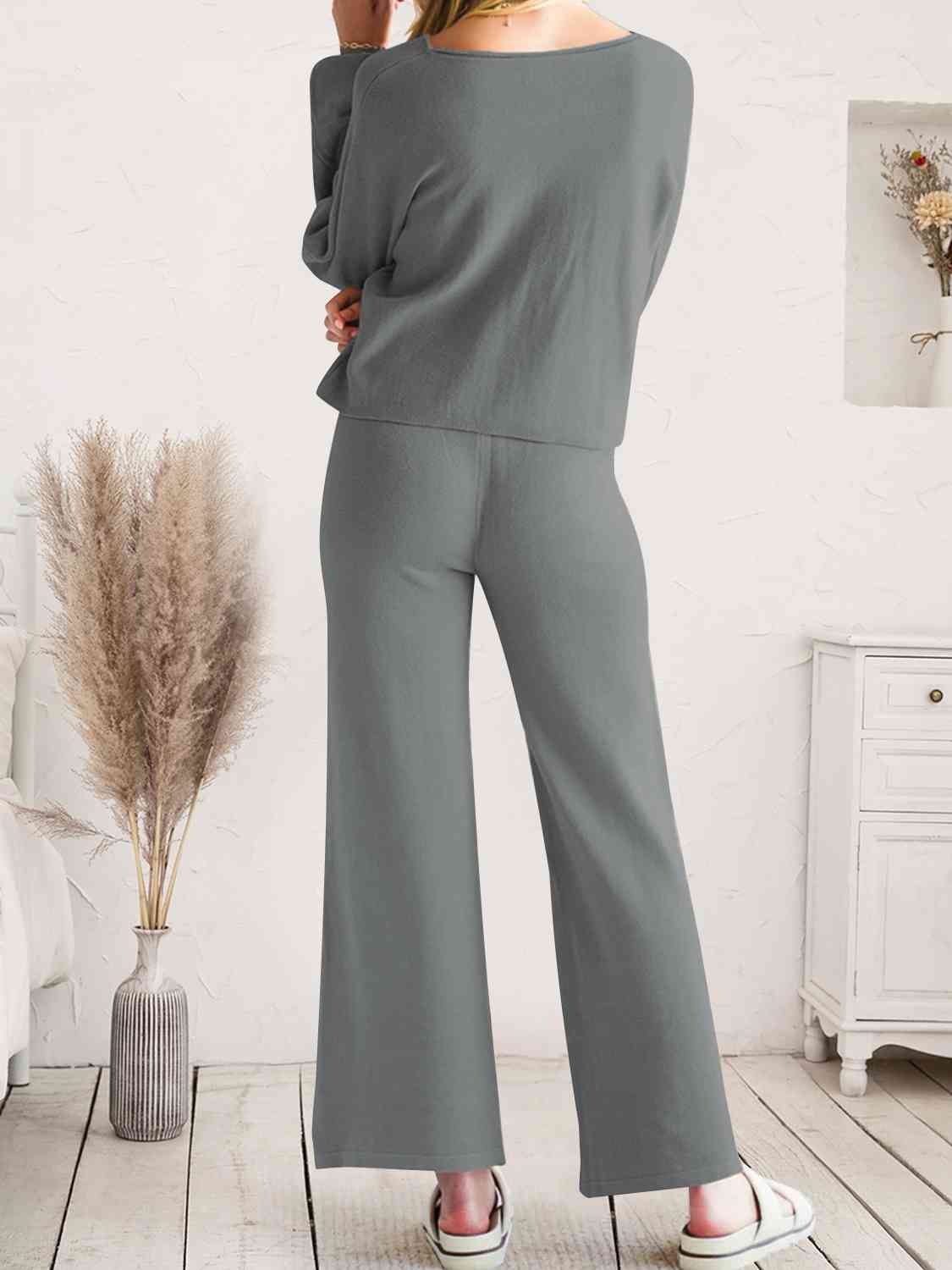 Light Gray Long Sleeve Lounge Top and Drawstring Pants Set