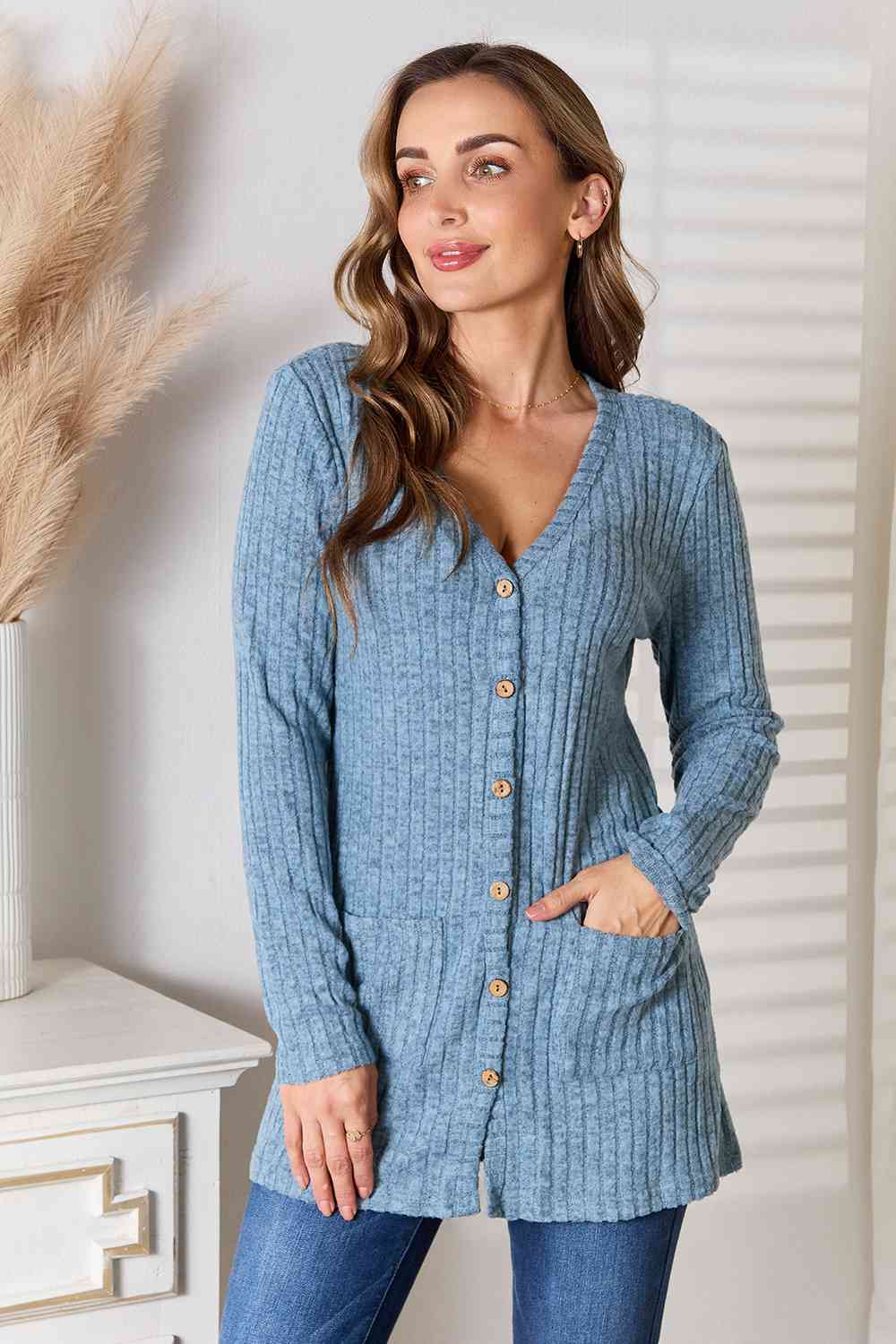 Gray Double Take Ribbed Button-Up Cardigan with Pockets Sentient Beauty Fashions Apparel & Accessories