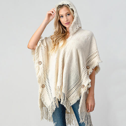 Light Gray Fringed Crochet Buttoned Hooded Poncho Sentient Beauty Fashions Apparel &amp; Accessories