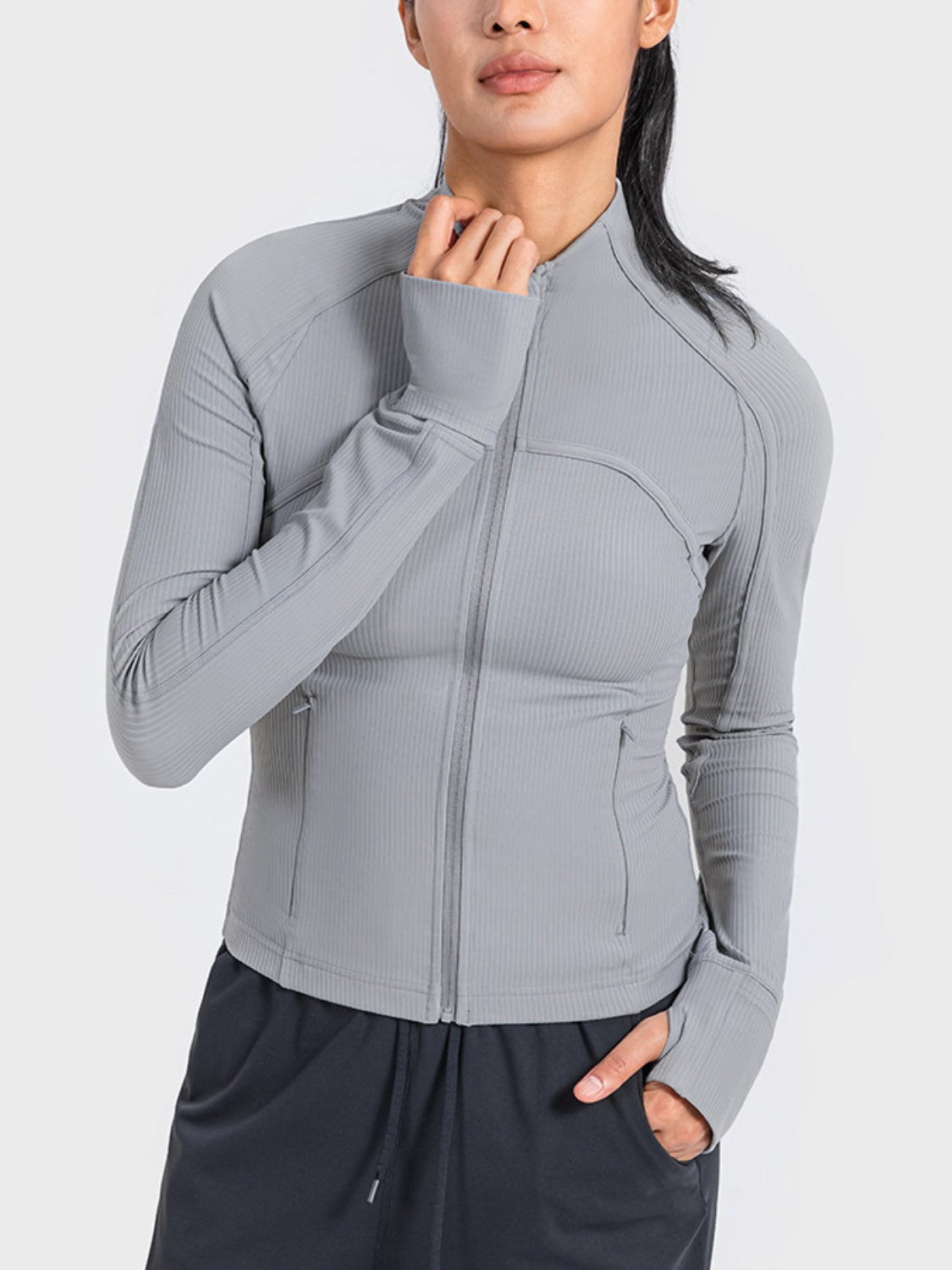 Light Gray Zip-Up Long Sleeve Sports Jacket Sentient Beauty Fashions Activewear