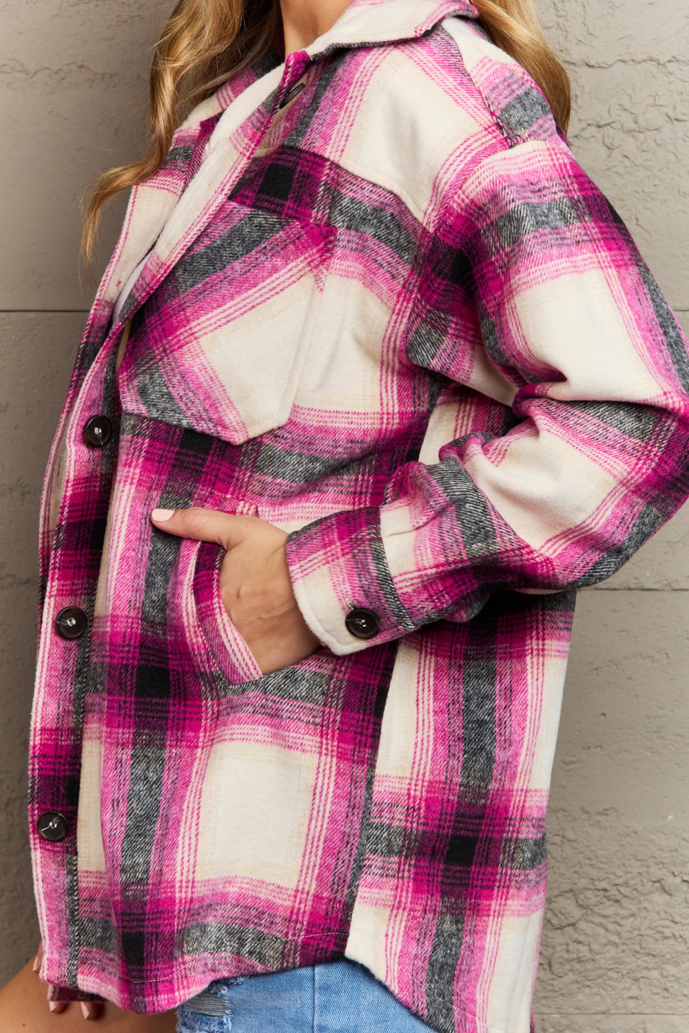 Rosy Brown Zenana By The Fireplace Oversized Plaid Shacket in Magenta Sentient Beauty Fashions Apparel &amp; Accessories