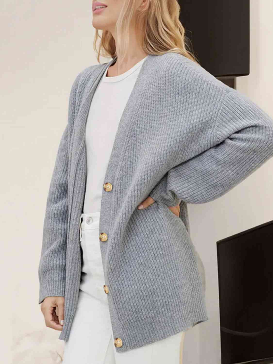Gray Full Size V-Neck Rib-Knit Cardigan