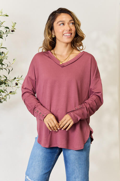 Light Gray Culture Code Full Size V-Neck Exposed Seam Long Sleeve Blouse Sentient Beauty Fashions Apparel & Accessories
