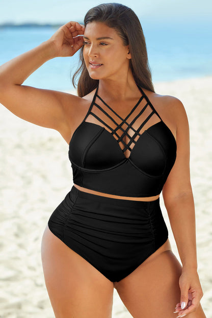 Black Halter Neck Crisscross Ruched Two-Piece Swimsuit