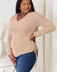 Light Gray Double Take Drawstring Ribbed Long Sleeve T-Shirt